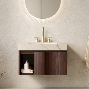 Mobile da Bagno <span class=keywords><strong>EIDEN</strong></span> 30 Pollici con Lavabo, Armadietto Sospeso, Top in Pietra Sinterizzata Crema con Venature Dorate e Lavabo in Ceramica con 3 Scomparti - Product Image 1