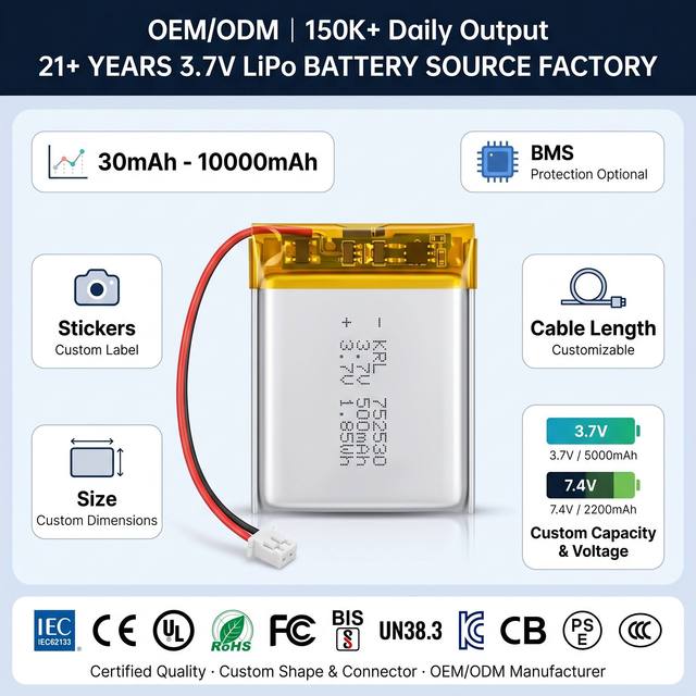 3.7V 752530 500mAh Rechargeable Lipo Battery Custom Shape/Connector CE/UN38.3 Certified 500 Cycles OEM Manufacturer