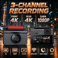 Caméra embarquée triple 1080P IPS avec Wi-Fi intégré, contrôle par application, écran 3 pouces, batterie 150 mAh, USB 2.0, enregistrement H.264 64 Go, garantie 1 an