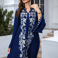 Robe Abaya Boubou à Col en V, Kaftan Thobe Marocain, Robe Abaya Florale Brodé Style Arabe Turc Décontracté, Robe Ethnique du Ramadan