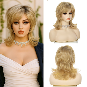 Pelucas <span class=keywords><strong>de</strong></span> Cabello Sintético Corto y Rizado, Rubio Claro, Largo hasta los Hombros, Fibra Resistente a Altas Temperaturas, 150% <span class=keywords><strong>de</strong></span> Densidad, Gorra <span class=keywords><strong>de</strong></span> Malla Rosa, Estilo Americano - Product Image 1