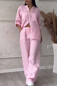 Conjunto informal de 2 piezas para mujer 2025, camisa de manga larga para primavera y verano, conjunto de pantalones de pierna ancha, nueva moda, cuello en V, conjunto de talla grande 5XL - Product Image 5