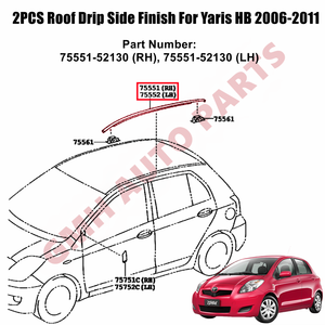 Dakdruppelstrips Set van 2 voor Toyota Yaris Hatchback 2006-2011 Gegoten dakdruppelzijafwerking RH/LH 75551-52130 - Product Image 2