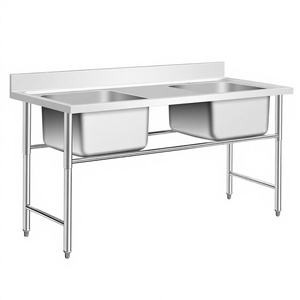 Fabrication et assemblage de mobilier de cantine scolaire en acier inoxydable 201 304, table de travail avec 2 éviers - Product Image 3