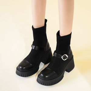 Bottines pour femmes Y91232, bout rond, talon épais, plateforme, boucle, antidérapantes, noires, bottes tendance, 5CM 8CM - Product Image 4