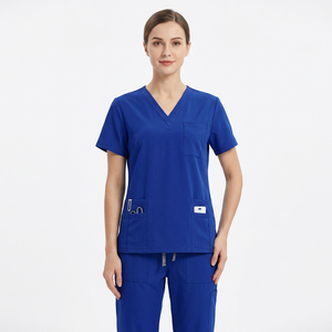 Women's Blue V-Neck <b>Scrub</b> <b>Top</b> With Pockets Hospital Uniforms Cotton Polyester Woven Fabric - Product Image 1