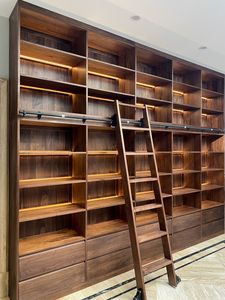 <span class=keywords><strong>Libreria</strong></span> in Legno Massello su Misura con Scala Scorrevole e LED per Villa, Ufficio e Biblioteca - Product Image 1