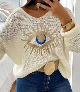 Maglione Oversize Jacquard con Occhio Malvagio per <span class=keywords><strong>Donna</strong></span>, Personalizzato con Scollo a V e Stampa, Antipilling, Estate 2026 - Product Image 2