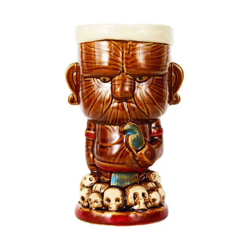 3d washed 450ml head bowl pineapple lid pottery water ceramic black skull tiki mug for Halloween without handle