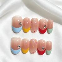 Faux ongles ovales à presser, French manucure colorée bleu, jaune, rouge, menthe, faits main, avec strass et pois colorés, 10 pièces