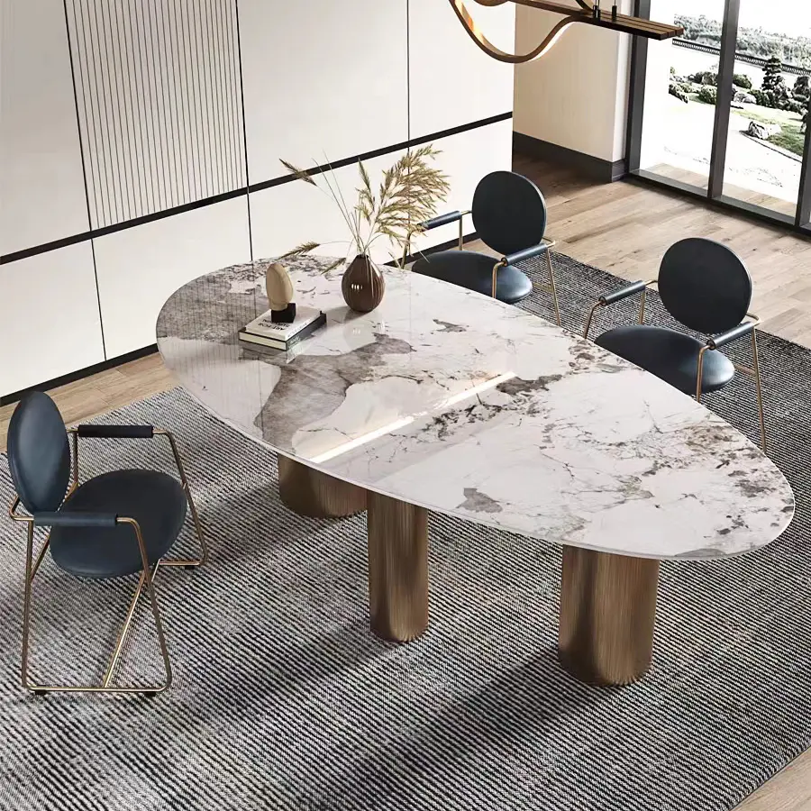 Meja Makan gaya Italia, desain minimalis bentuk Oval, meja makan Modern, Set meja dasar baja tahan karat emas atas batu
