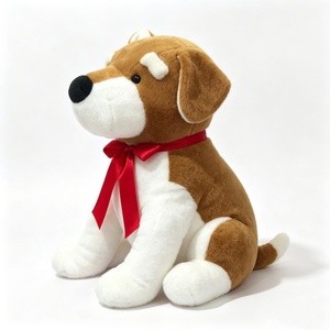 Peluche de perro suave personalizado con cinta roja, peluche de perro sentado con lazo rojo, lindo peluche de cachorro marrón y blanco - Product Image 3