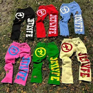 Custom Pants Trousers Applique Graphic Embroidered Patches Stacked Flare Sweatpants Acid Wash Jogger Flared Men's Pants