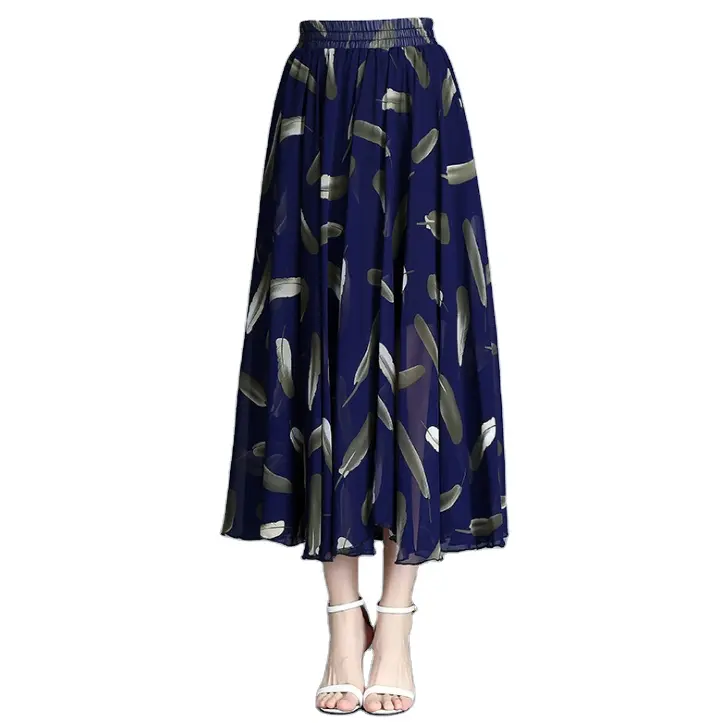custom a-line Printed chiffon long skirt high waist pleated skirt thin broken flower plus size women's skirt