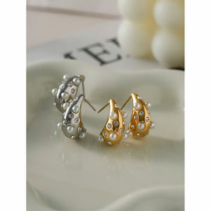 J & D珍珠立方锆石耳钉18K PVD镀金不锈钢迷你水滴女式耳钉 - Product Image 4