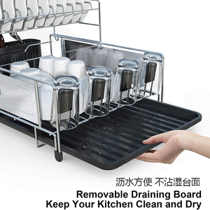Grand égouttoir à vaisselle pour comptoir de cuisine en acier inoxydable, 2 niveaux, avec plateau de drainage et porte-ustensiles - Product Image 5