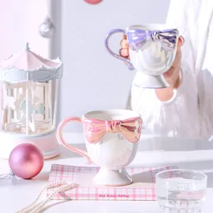 Trend 2024 Mug Wholesale Bulk sublimation Creative Nordic custom Pearl Glazed Funky Aesthetic ceramic Cute Bow Mugs For Couples