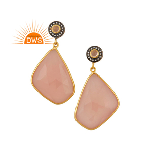 Slice Rose Chalcedony and Zircon Set Earrings Gold Plated Brass Statement Fashion Dangle Earrings Jewelry Manufacturer - Product Image 1