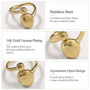 Adjustable Pebble and Sphere <b>Open</b> <b>Ring</b> Stainless Steel 14K Gold Vacuum Plating Sculptural Jewelry - Product Image 4