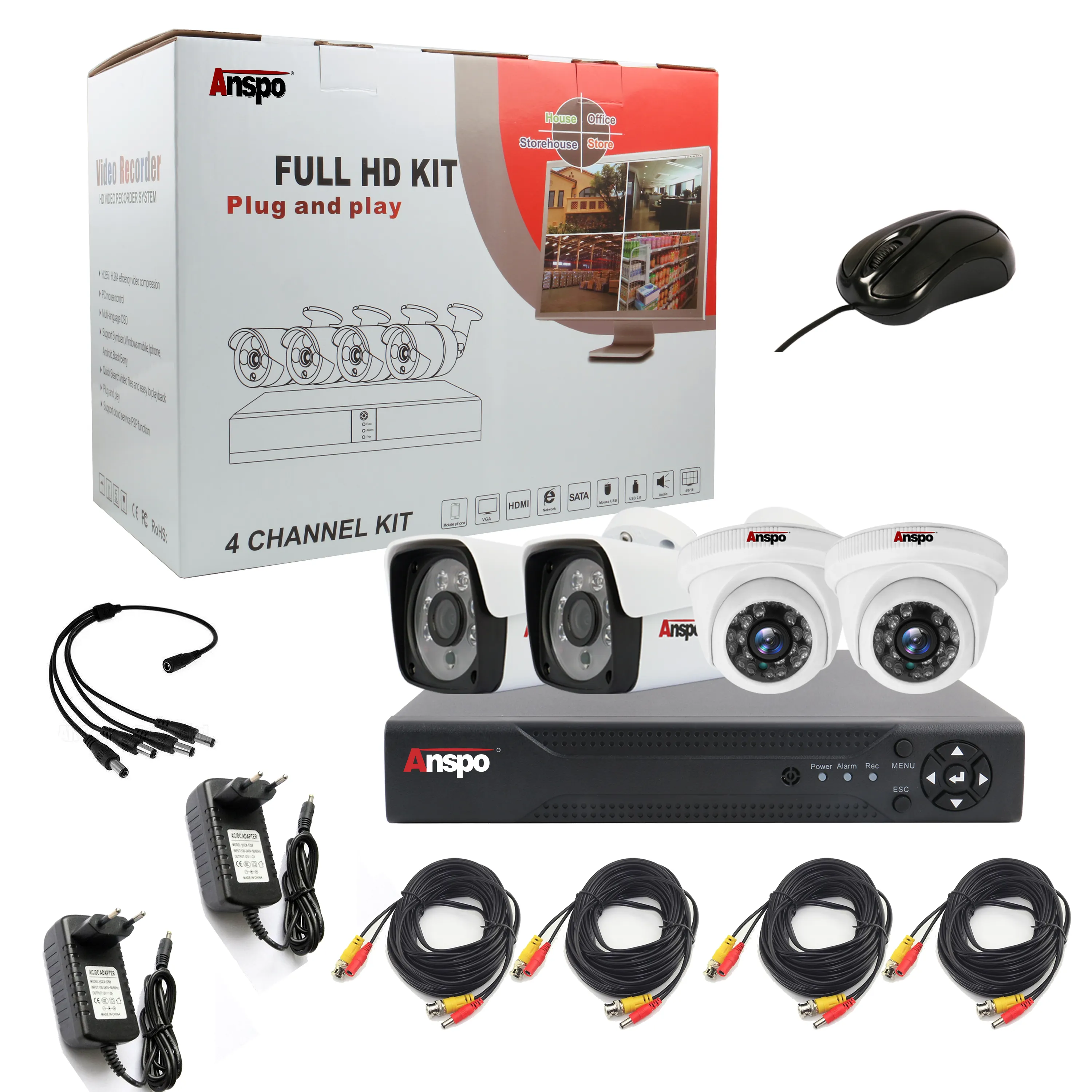 Kit de cámara CCTV AHD Sistema de vigilancia Impermeable P2P Plug and Play 4 canales 5MP con 5MP DVR Cables coaxiales Conjunto completo Ou