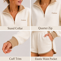 Ensemble 2 pièces personnalisé pour femme : Sweat-shirt à quart de zip avec bordure contrastante et short ample en molleton bouclette élastique au-dessus du genou pour tenue décontractée