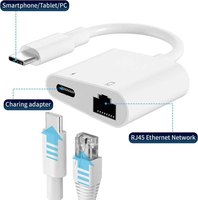 Adaptador de red LAN Ethernet RJ45 2 en 1 Plug and Play con puerto de carga USB tipo C PD Compatible con iPhone 15/tableta/portátil