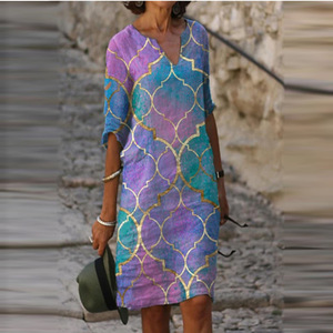 Vestido de longitud media con estampado y cuello en V, transpirable, informal, vintage, para uso diario, para mujer - Product Image 3