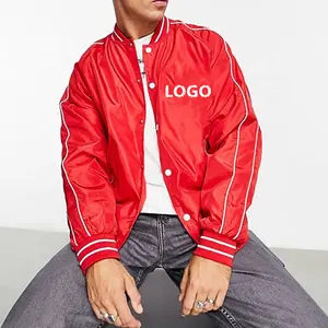 Custom Logo Puff Printing Nylon Waterproof Windbreaker jacket Snap Button Up Mens Colorblock Baseball Zip Up Jacket