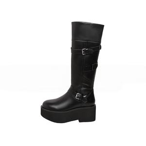 Bottines longues à talon plat pour femmes, style britannique, bottines Chelsea à boucle, bottines en cuir pour femmes - Product Image 1