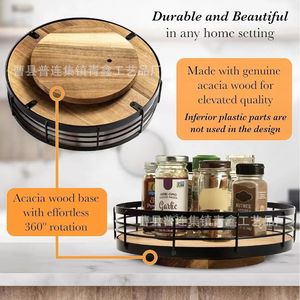 Retro Style Kitchen <b>Spice</b> <b>Rack</b> Round <b>Rotating</b> Wood And Iron Storage Tray For Condiments And Seasonings 12 Compartments - Product Image 3