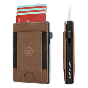 Porte-cartes magnétique Zovyron en cuir véritable avec protection RFID, glissière latérale en alliage d'aluminium, portefeuille pour homme de 4 pouces - Product Image 1