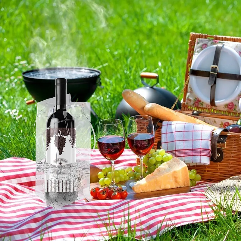 Vente en gros de sacs de glace réutilisables sûrs et fiables pour bouteilles de vin transparentes sacs fourre-tout simples pour refroidisseur de bière pour boissons froides en plein air pour la fête