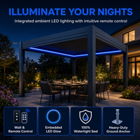 Pergola motorisée en aluminium noir 3x4m, résistante au vent, avec éclairage LED, faible entretien, pour jardin aménagé, balcon, utilisation en extérieur