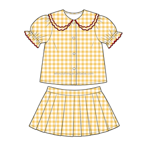 Conjunto de falda y top de manga corta para niñas, conjunto de falda a cuadros, blusa con botones y cuello Peter Pan para fiesta de verano - Product Image 2
