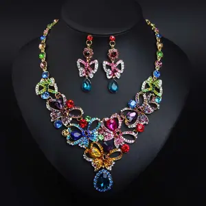 collana Indiana Statement Necklace Earrings Retro Indian Bridal Jewelry Sets Crystal Butterfly Necklace Set for Women