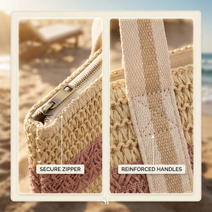 Sac fourre-tout élégant en paille tressée <span class=keywords><strong>bicolore</strong></span> avec motif lettres, personnalisable, grande capacité, fermeture éclair, idéal pour les courses quotidiennes, la plage et les voyages - Product Image 5