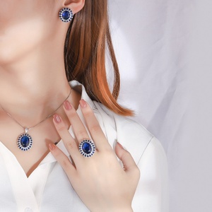 Fashion Eco-friendly Copper Oval Cut 12*16mm Blue Zircon <b>Earrings</b> Ring <b>Set</b> Fine Jewelry <b>Sets</b> 3 Piece for Evening Party Look - Product Image 6