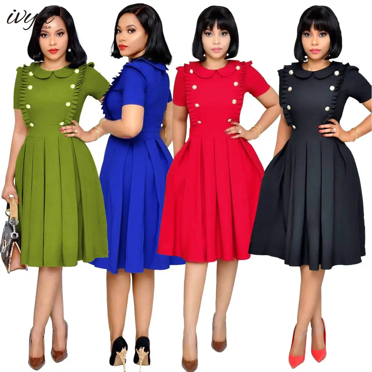 Wholesale fashion lotus leaf collar pleated OL style short-sleeved dress women's plus size commuter mid-length pleated skirt