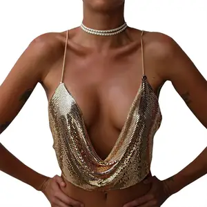 Wholesale v neck sexy girl vest 2019 sleeveless style summer women backless sequin metal tops