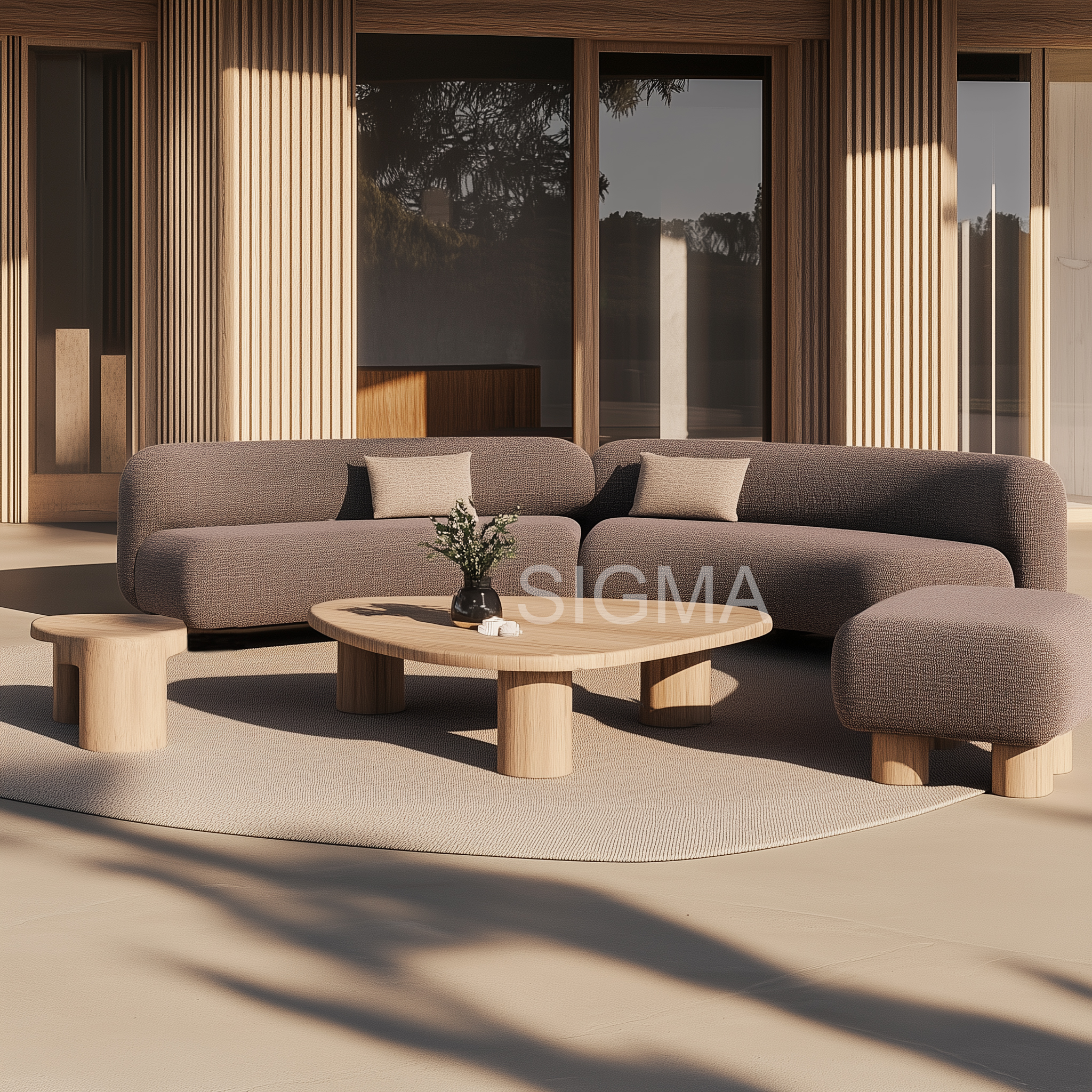 2024 High End Designer Hotel Exterior Outdoor Patio Teak Solid Wood Fabric Sofa Set Furniture Luxury Garden Sofa
