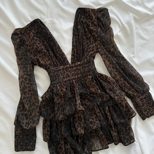 Abito <span class=keywords><strong>corto</strong></span> pizzicato in vita retrò con stampa leopardata in stile 2025 primaverile da donna - Product Image 2