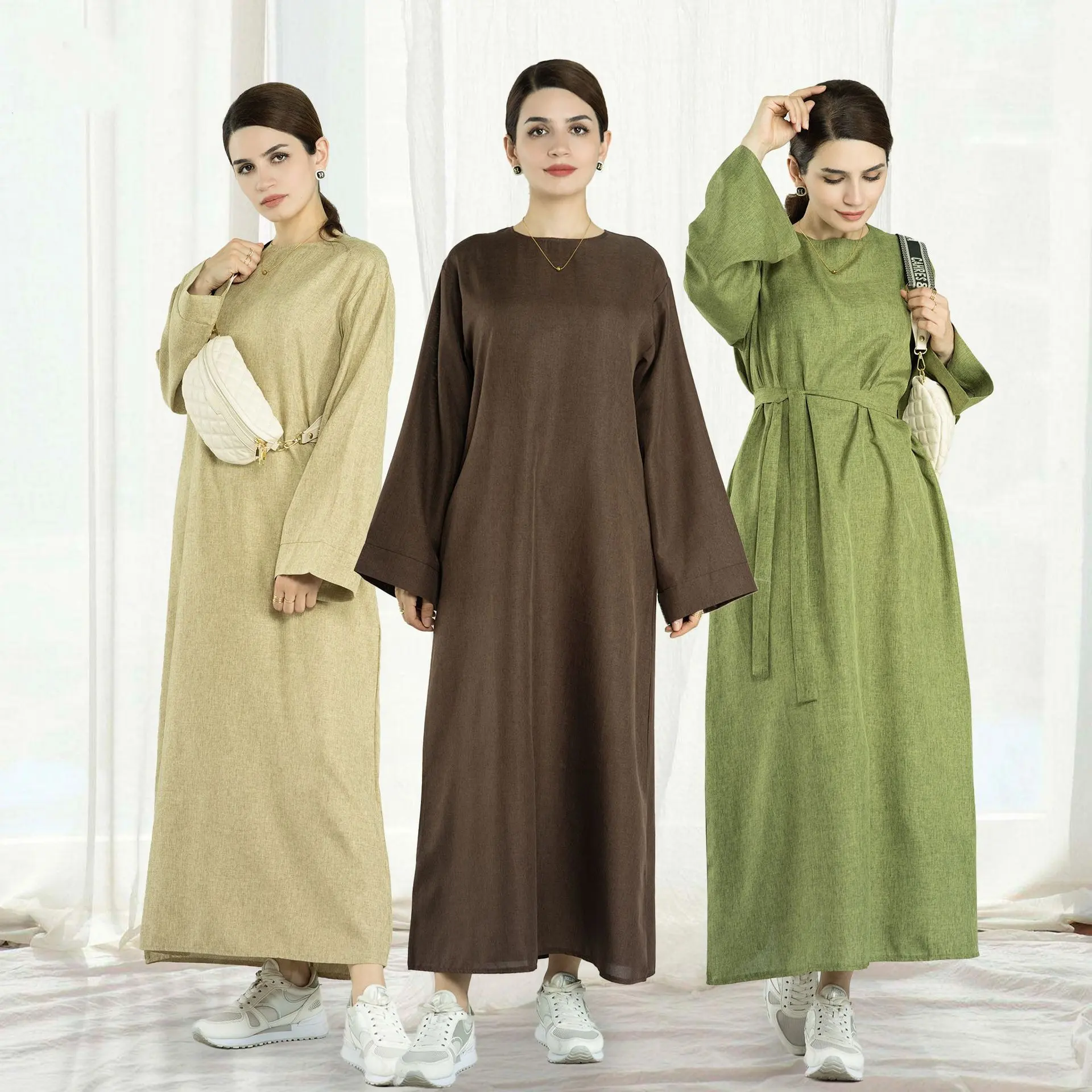 Plus Size Damen Dubai Türkisch Casual Leinen Atmungsaktiv großer Saum zurück mittlerer Reiß verschluss Gürtel Mode Kleid Robe Abaya