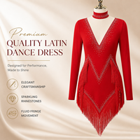 Robe de danse latine rouge pour femmes, manches longues, paillettes, franges, costume de scène, robe de danse de salon, salsa, rumba, avec strass