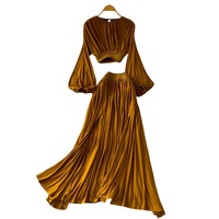 En gros Nouvelle collection Automne 2026 Ensemble femme élégant et raffiné : Haut à manches lanternes plissées courtes et Robe asymétrique taille haute