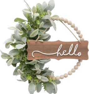 Ghirlanda Natalizia Verde <span class=keywords><strong>di</strong></span> Alta Qualità in Stile Rustico con Perline <span class=keywords><strong>di</strong></span> Legno, Orecchie <span class=keywords><strong>di</strong></span> <span class=keywords><strong>Agnello</strong></span> Artificiali e Foglie, Insegna <span class=keywords><strong>di</strong></span> Benvenuto per la Casa - Product Image 1