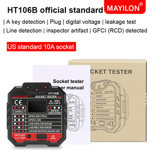 Измерительный тестер напряжения BONAJAY HT106B для штепсельной вилки США GFCI 5mA, тестер розетки, черный + красный пластик, гарантия 1 год - Product Image 6