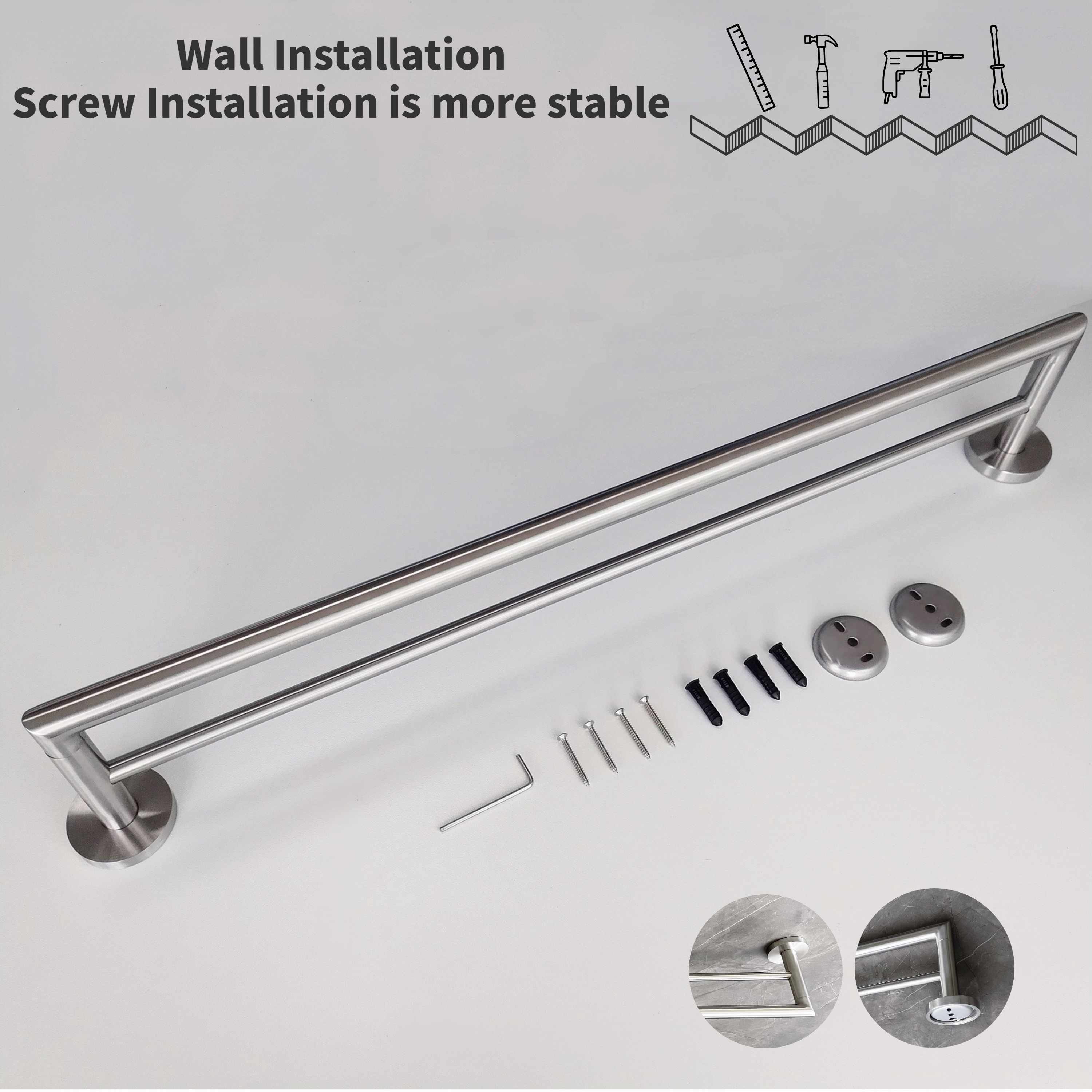 SUS304 Stainless Steel Chrome Double Towel Rail Towel Holder Set Satin Polished