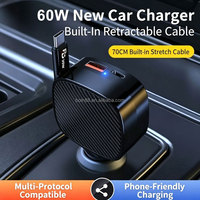 Chargeur de téléphone portable super rapide 60W avec câble rétractable, adaptateur de chargeur de voiture multi USB Type-C PD 3.0 pour iPhone