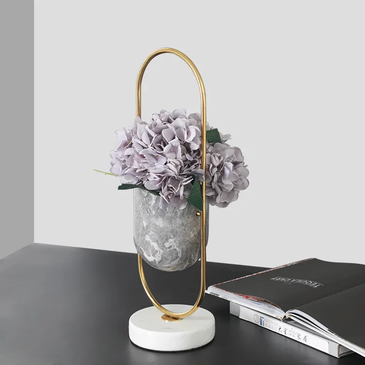 Modern luxury hand made grey marble flower vase plant pot with metal for home decoration in top sale