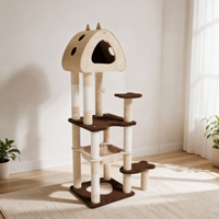 Centre d'activités pour chat de luxe à 5 niveaux, moderne et classique, durable, avec niche confortable, hamac suspendu et poteaux à gratter en sisal naturel